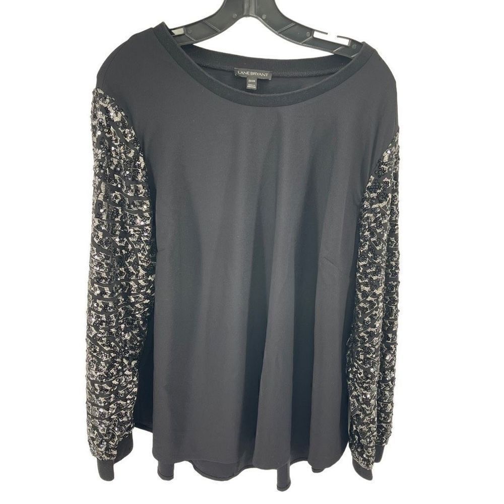 Lane Bryant Womens Pullover blouse shirt Embroidered Metallic sequins Black Size